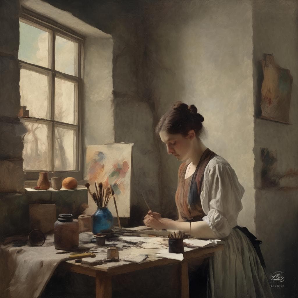 Ιδιαίτερη γυναίκα ζωγραφίζει στην παλιά Μπουάτ αίθουσας με φυσικό φως και καλλιτεχνικά έργα, δημιουργώντας ένα αριστούργημα τέχνης σε παραδοσιακό χώρο ζωγραφικής.