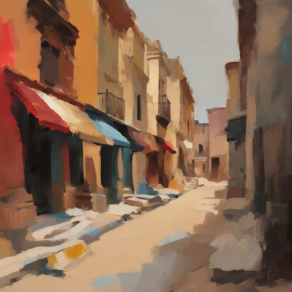 Ζωγραφική εικόνα μιας παραδοσιακής πόλης με πολύχρωμα κτίρια και καταστήματα, δημιουργώντας μια γοητευτική και αυθεντική ατμόσφαιρα, εμπνέοντας την τέχνη και τη δημιουργικότητα.
