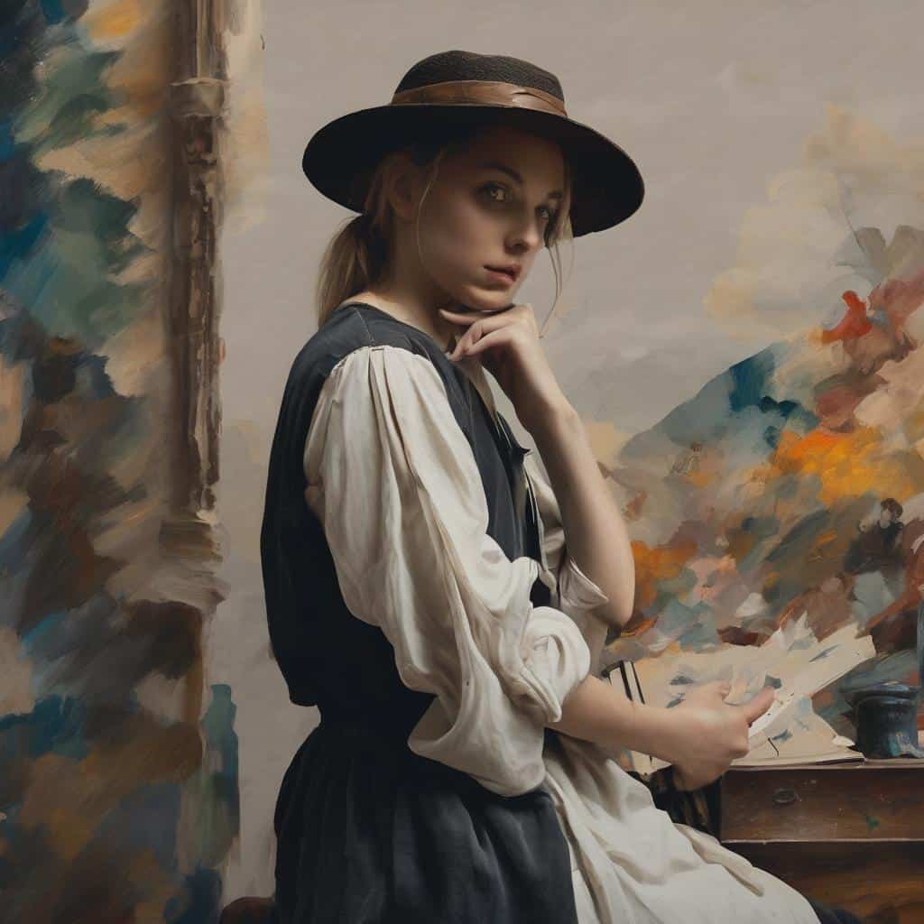 Ζωγράφος γυναίκα σε στούντιο, δημιουργώντας αριστούργημα τέχνης, με παραδοσιακή και καλλιτεχνική ατμόσφαιρα, έμπνευση, διακόσμηση και τέχνη.