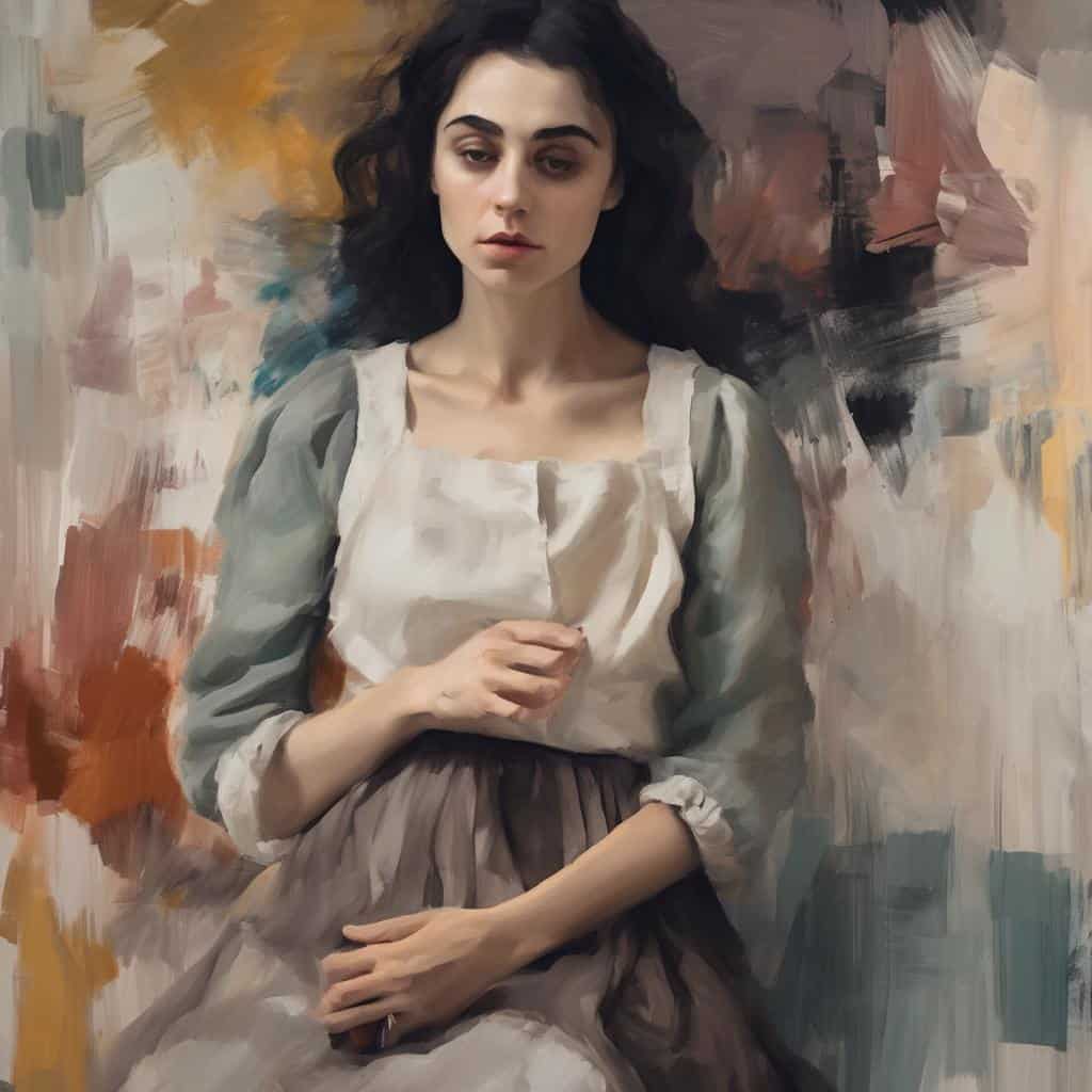 Ομορφη νεαρή γυναίκα σε πορτρέτο με καλλιτεχνικό φόντο, ζωντανή και εκφραστική εικόνα, ιδανική για την τέχνη και τη δημιουργία πίνακα ζωγραφικής.