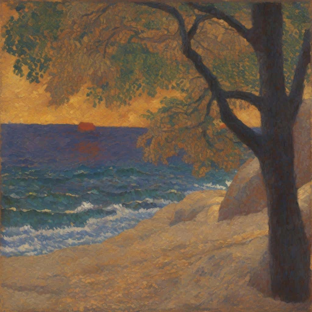Ζωγραφική του Κογκέν με ηλιόλουστη παραλία και δέντρο, δημιουργώντας ένα αριστούργημα τέχνης, εμπνευσμένο από τοπία και φως.