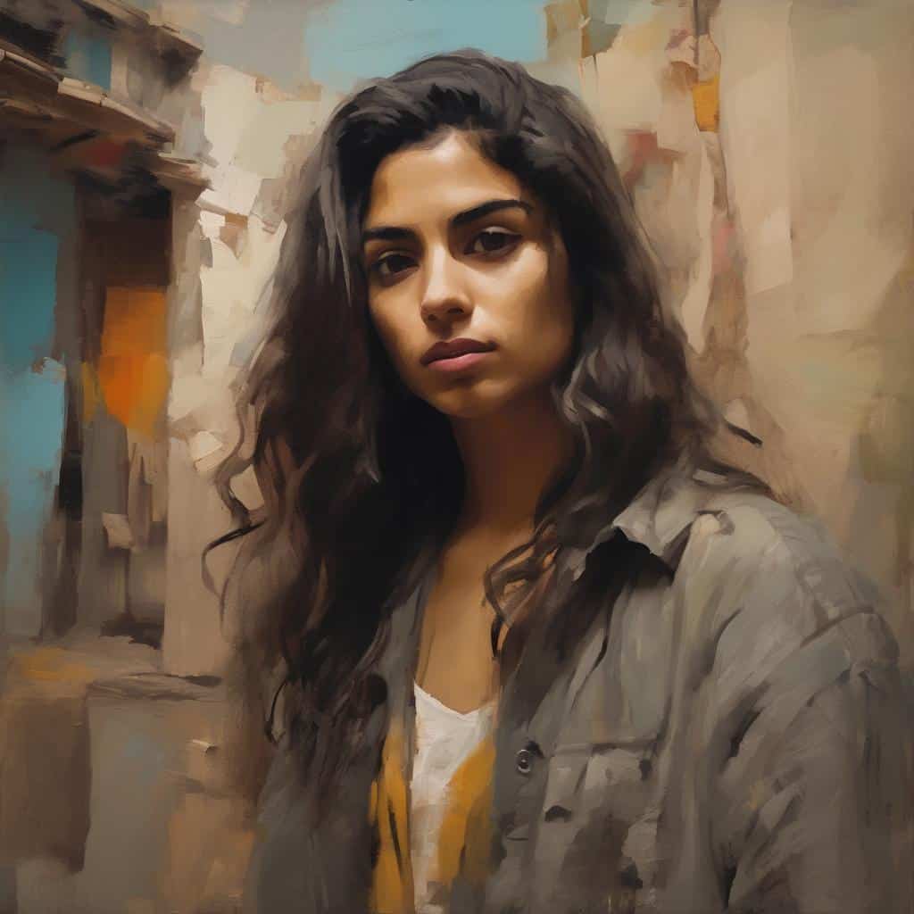 Ανθεκτικό πορτρέτο νεαρής γυναίκας με στυλ, σε καλλιτεχνικό ύφος, με έμφαση στη δημιουργία ενός αριστούργηματος ζωγραφικής, με χρωματικές αποχρώσεις και λεπτομέρειες.