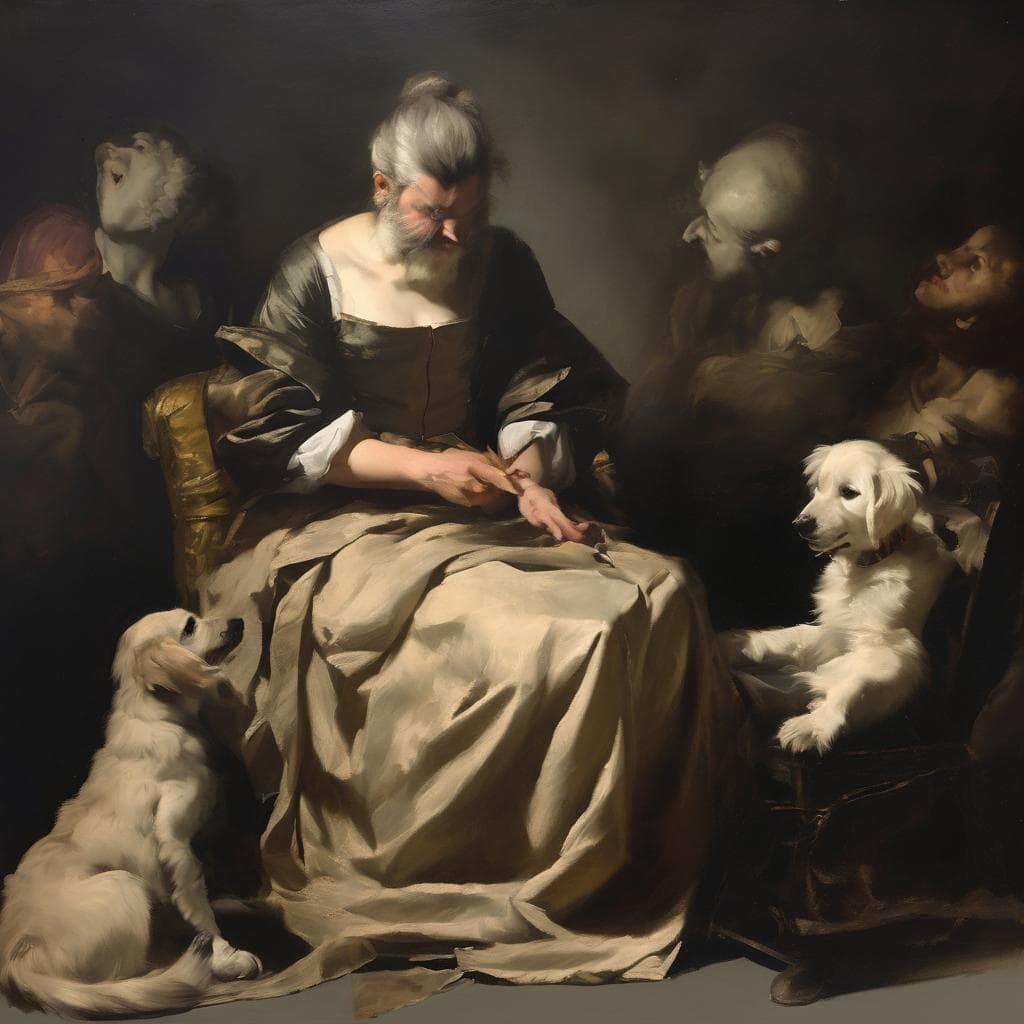 Λεπτομερές έργο τέχνης που απεικονίζει μια γυναίκα και τέσσερα σκυλιά σε μια δραματική, φωτισμένη σύνθεση, αναδεικνύοντας την τέχνη και τη δημιουργικότητα.