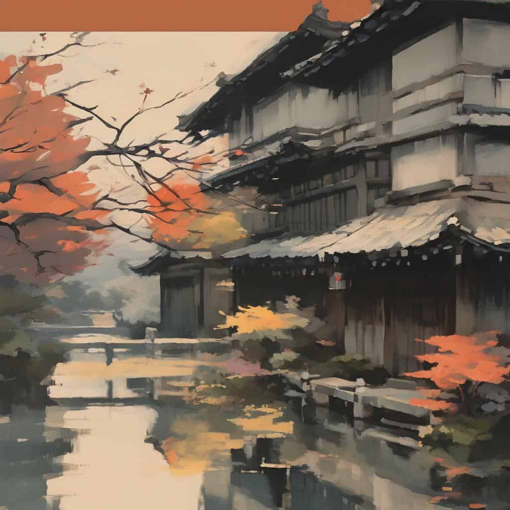 Ζωντανό τοπίο με παραδοσιακό ιαπωνικό ξύλινο σπίτι και ήρεμο ποτάμι με φύλλα φθινοπώρου, δημιουργώντας μια αίσθηση γαλήνης και αρμονίας.